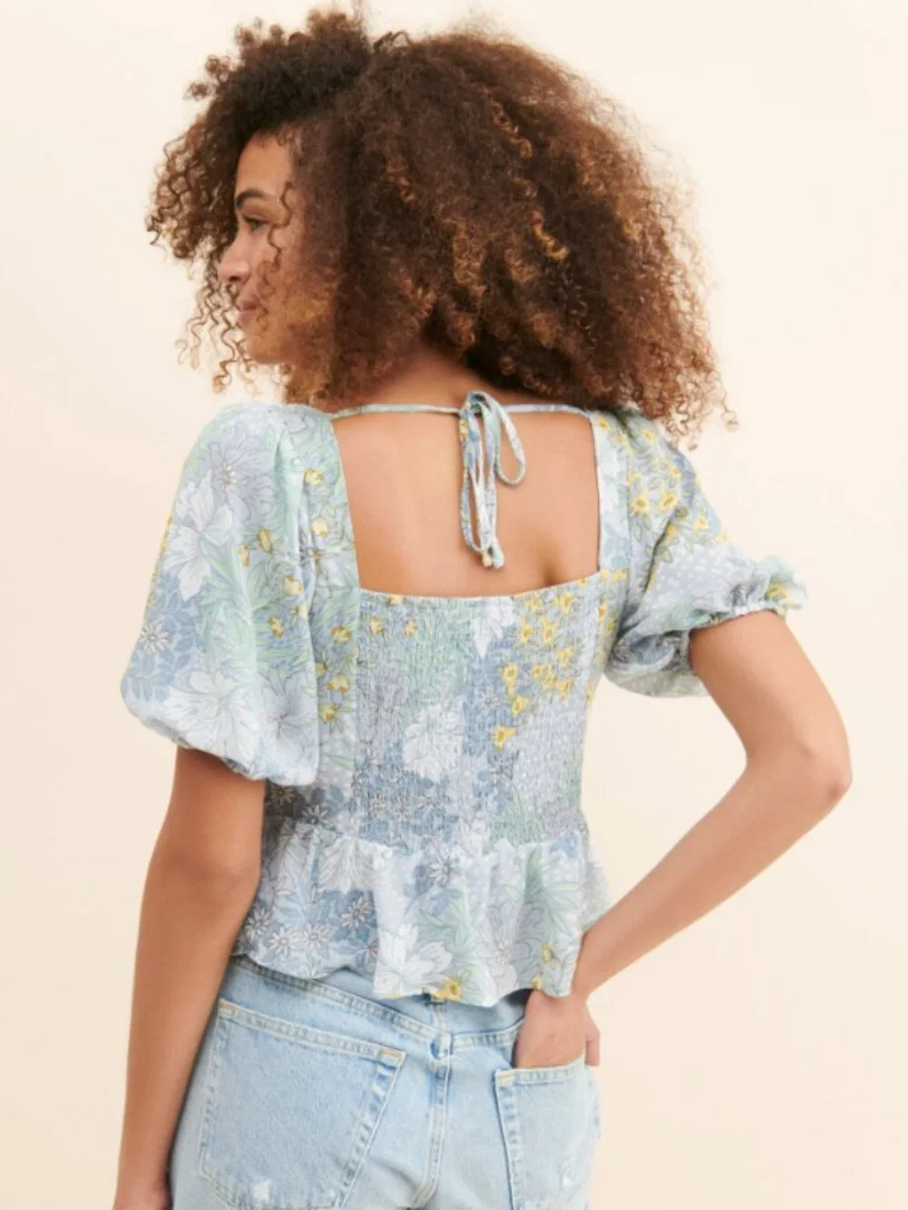 ASTR the Label Clairemont Floral Puff-Sleeve Peplum Coquette Top - Size L